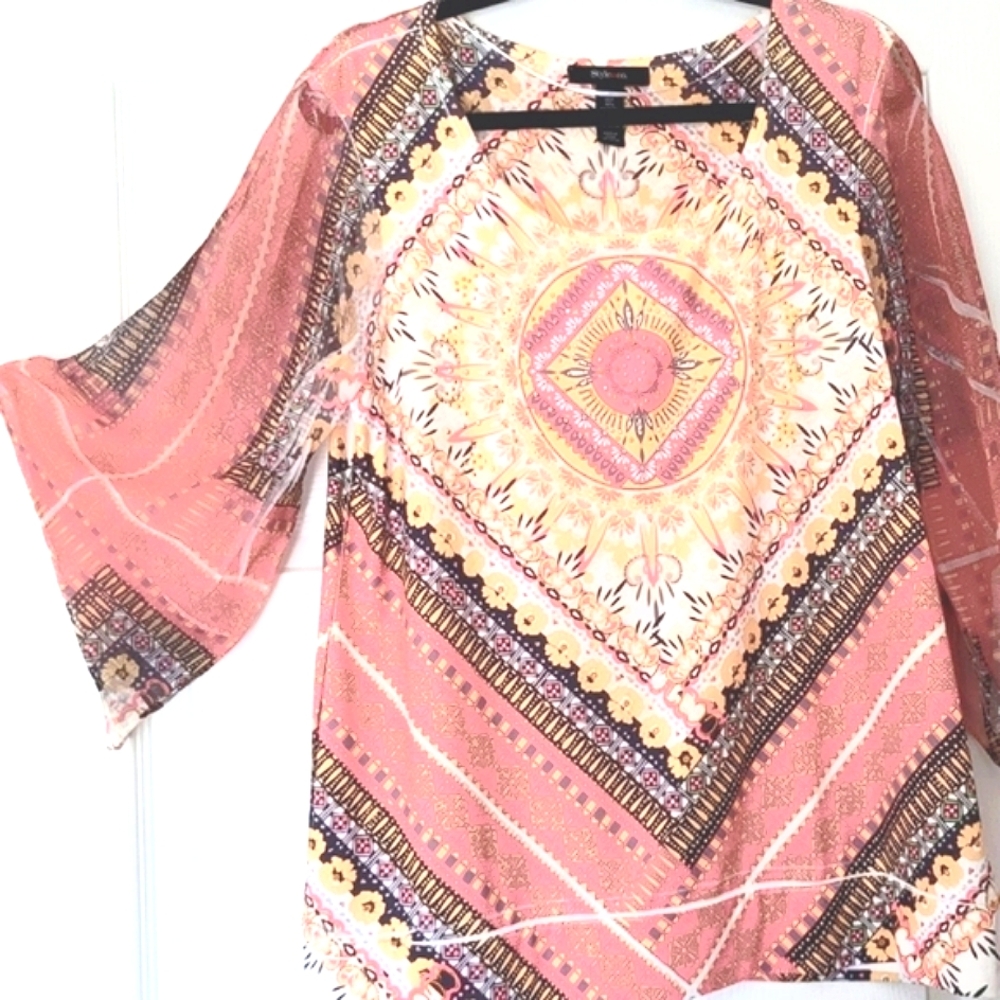Style & Co Pink Gold Orange  Bohemian Print Scarf Blouse Large w/Flared Sleeves